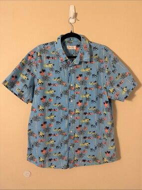 Cotton & Co. Mens Hawaiian Shirt Cotton Blue Pink Green Palm Trees Houses Size L